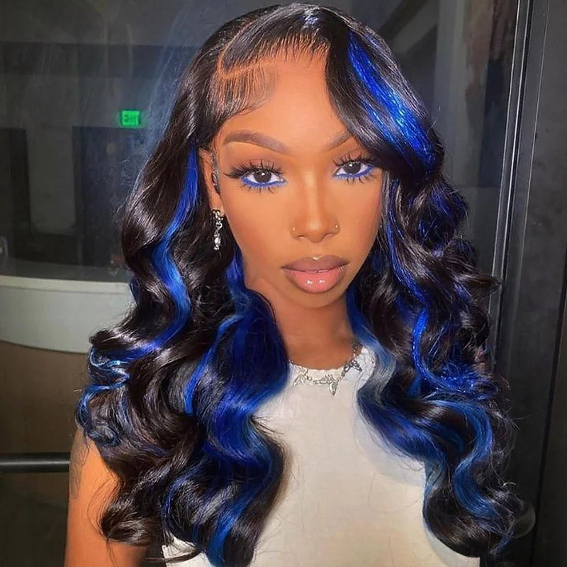 Human - hair wig with a 180 - density for a full and thick appearanceIshow Black with Gemstone Blue Highlight PPB™ Body Wave Invisible Knots Human Hair Wigs Ready To Wear Lace Front Color Wigs