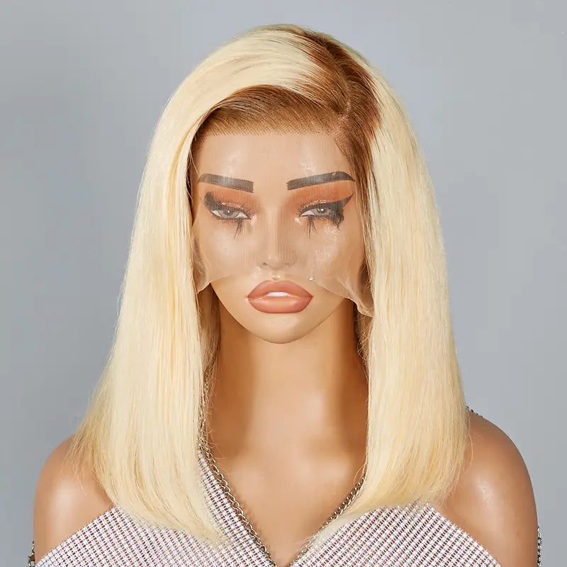 Lace wig with a pre - plucked hairline for a more natural look13x4 C Part Bob Brown Mix Blonde Lace Frontal Wig Straight Human Hair