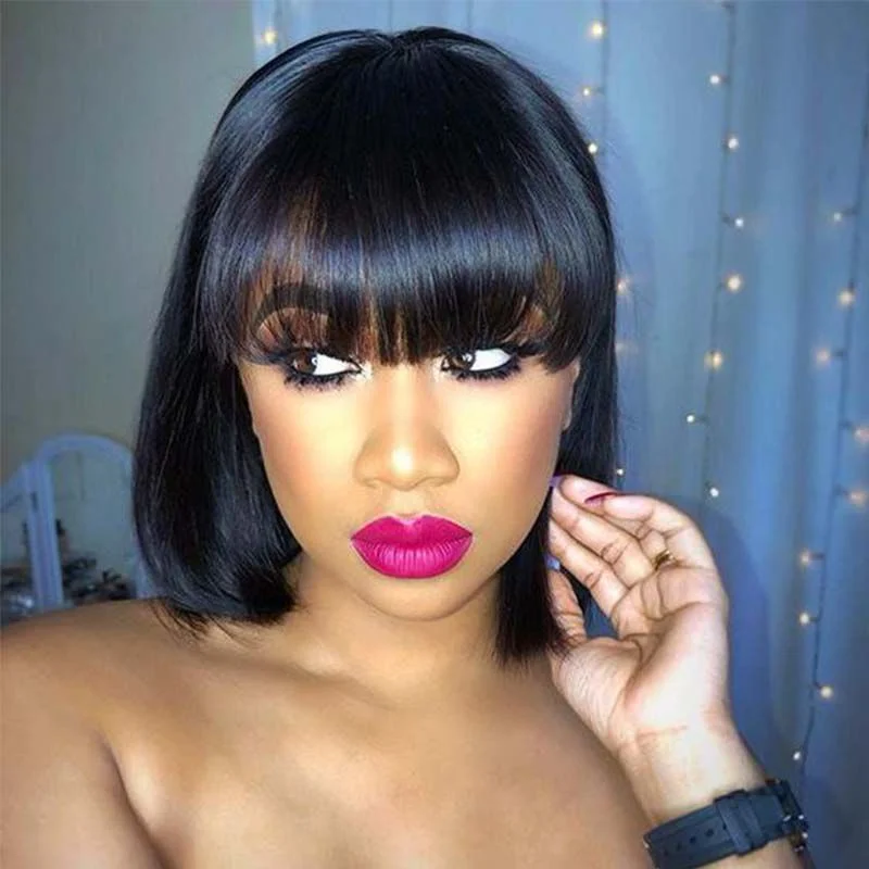 Synthetic colored wig with a heat - resistant formula for easy stylingShort Bob Cut Human Hair Wigs With Bangs Pre plucked Brazilian Remy Straight Machine Made Wig