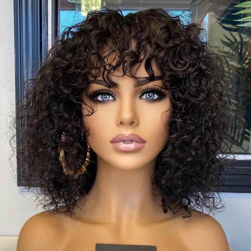 Human - hair wig with a wispy fringe for a soft and feminine lookThrow On & Go Bob Wig Machine Made Bouncy Curly Human Hair Bob Wig