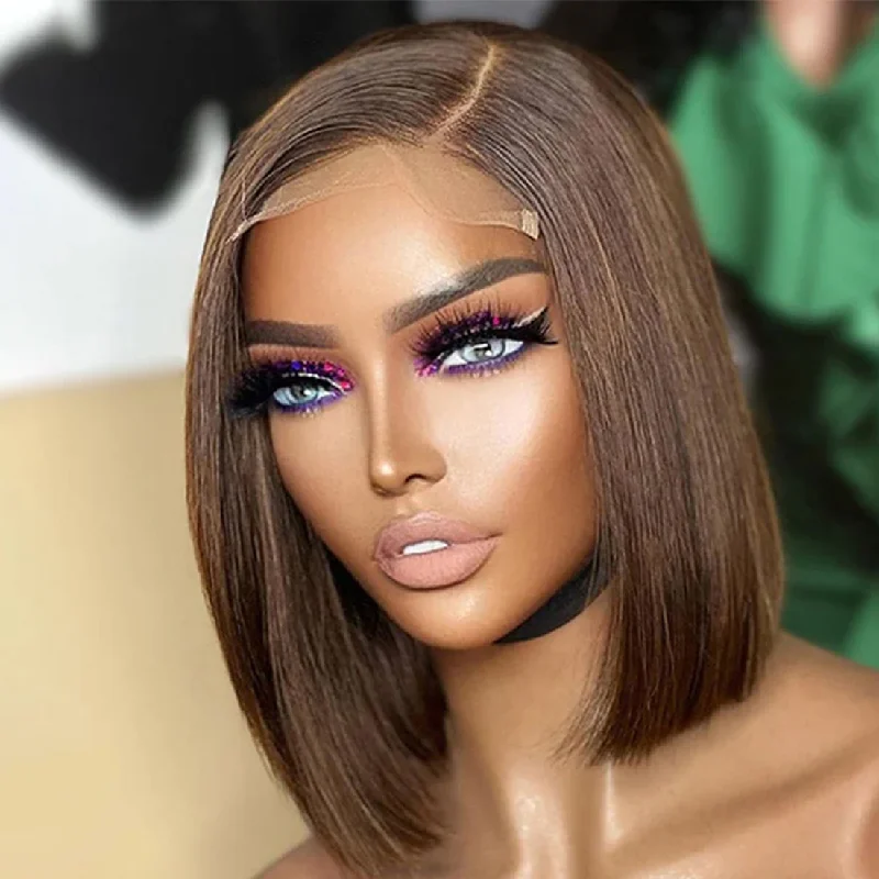 Full - lace wig with a natural - looking hairline for a seamless appearanceBrown Colored  Lace Frontal Wig Straight Bob Wig Pre Plucked Brazilian Human Hair