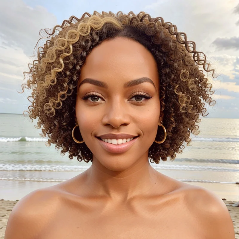 Colored wig with a curly texture for a bold and stylish choiceBrown Highlight Short Bob Kinky Curly 13x4 Lace Frontal Wig Human Hair Wigs