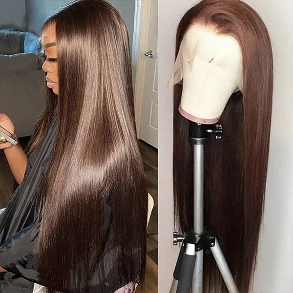 Malaysian - human - hair wig with a smooth and silky textureDark Brown Colored Lace Wigs Straight Human Hair Wigs #4 Chocolate Brown Lace Front Wig