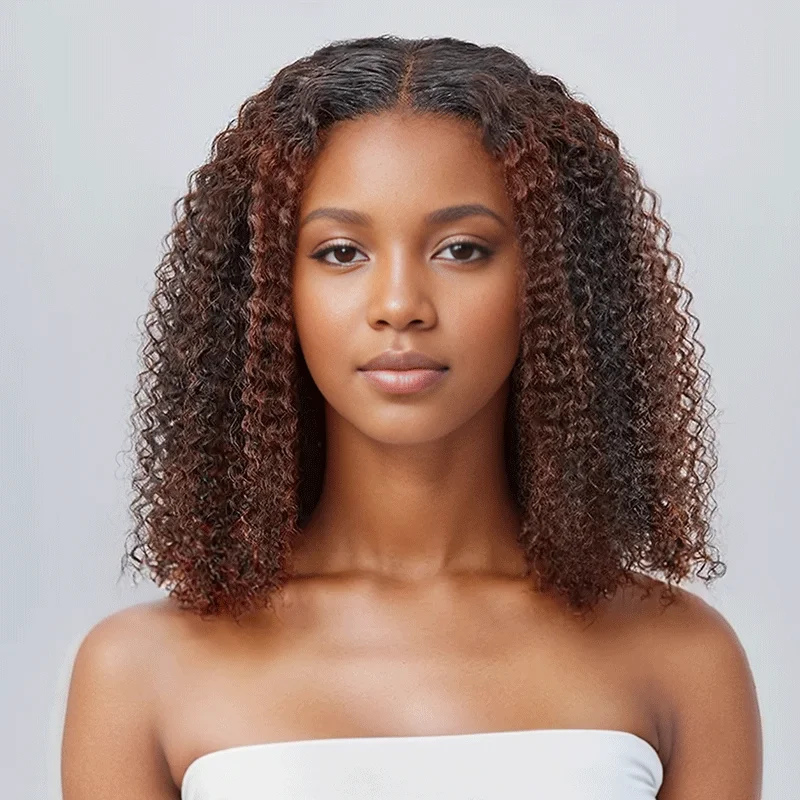 Lace wig with a wavy texture for a beachy look9x6 Glueless Brown Highlight Kinky Curly Bob Wig