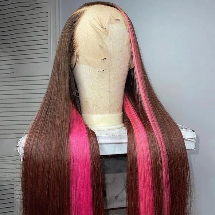 Peruvian - human - hair wig with a soft and manageable feelBrown Pink Lace Front Wig Bone Straight Human Hair Wig 13x4 Highlight Skunk Stripe Lace Front Human Hair Wigs