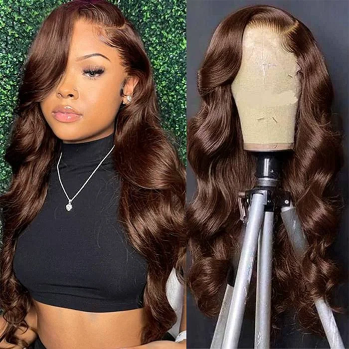 Human - hair wig with a wavy texture for a beachy and relaxed lookBrown Wig #4 Colored Human Hair 4x4 Lace Closure Wigs In Body Wave Hairstyle