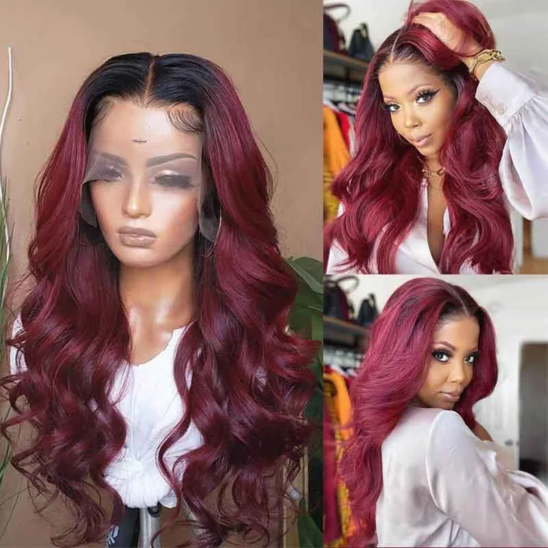 Colored wig with a pre - plucked hairline for a more natural lookBurgundy Lace Front Wigs Human Hair 1b99J Body Wave Wig Pre-Plucked Virgin Hair