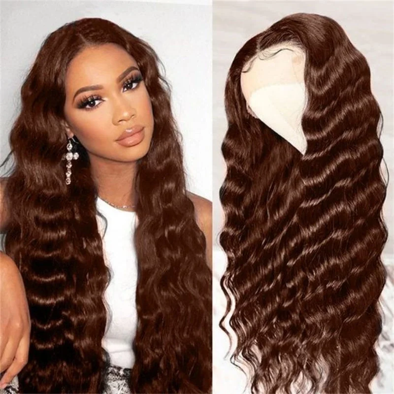 Colored wig with a pre - bleached knot for a natural - looking scalpLemoda Chocolate Brown 13x4 Loose Deep Wave Lace Front Wigs Pre Plucked Natural Hairline Transparent Lace Wig