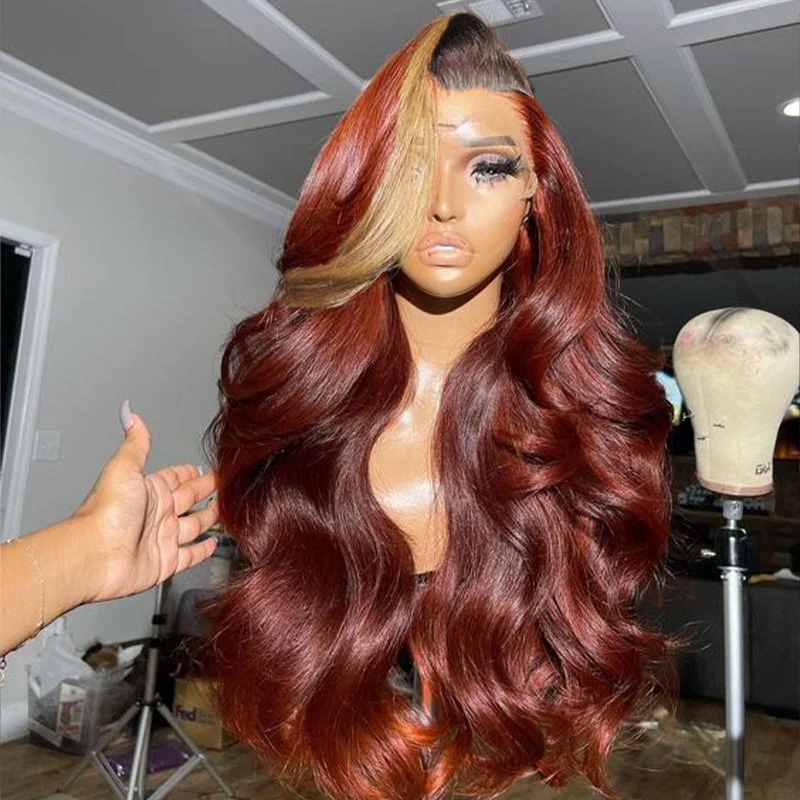 Colored wig with a red - orange hue for a warm and energetic lookCinnamon Brown Loose Body Wave Lace Wig Mix Ginger Colored Wigs