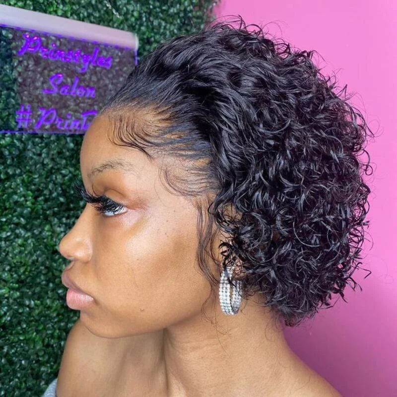 Human - hair wig with a pre - plucked hairline for a more natural lookCurly Pixie Cut Lace Front Wig 6 Inch Bouncy Curl Short Cut Bob Wig