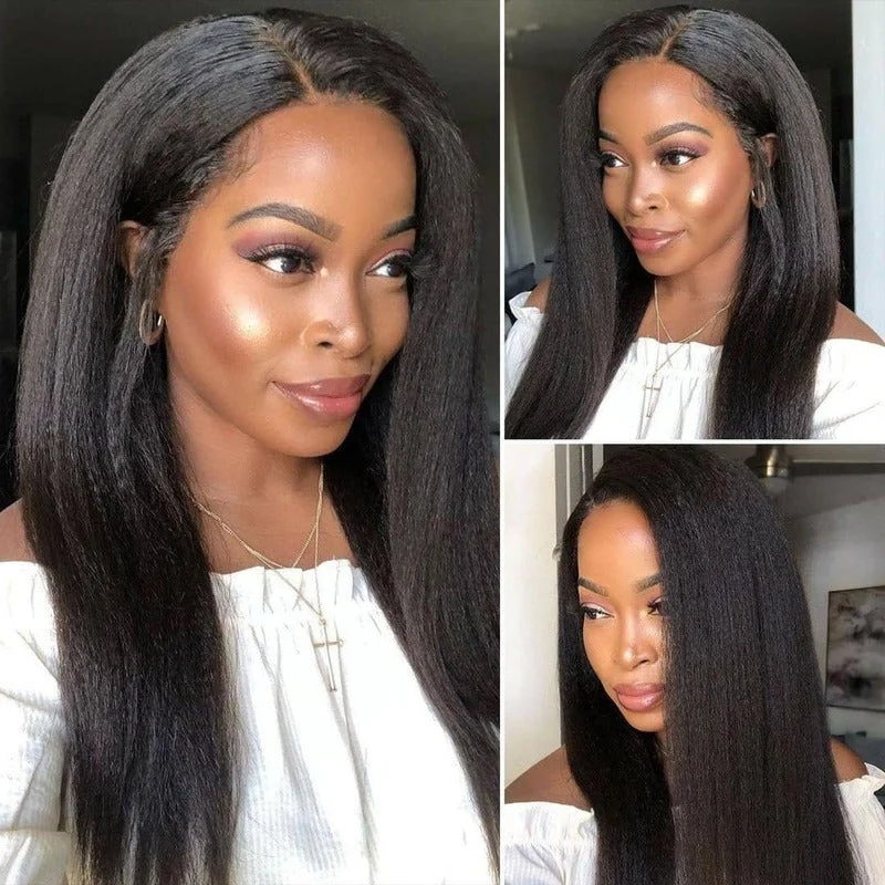 Human - hair wig with a side - swept bang for a sophisticated lookKinky Straight HD Transparent 13x4 Pre-plucked Lace Frontal Wig Yaki Straight 100% Virgin Human Hair