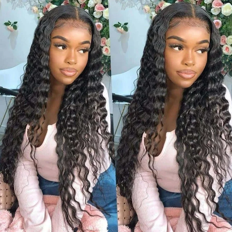 Human - hair wig with a wavy texture for a beachy and relaxed lookDeep Wave 4x4 HD Transparent Lace Closure Wig 100% Cuticle Aligned Virgin Human Hair