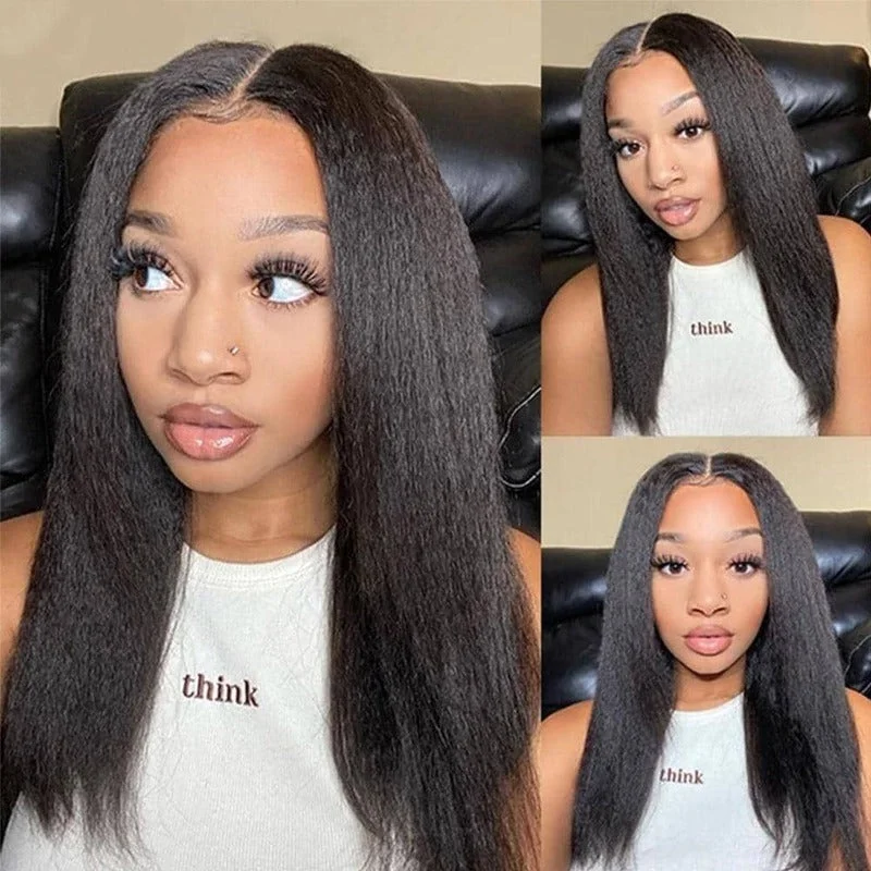 Human - hair wig with a side - swept bang for a sophisticated lookKinky Straight 4x4 Lace Closure Wig 100% Cuticle Aligned Yaki Straight Human Hair