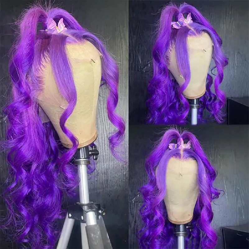 Colored wig with a purple - violet shade for a regal and elegant lookDachic Hair 13x4 Colored HD Lace Front Human Hair Wigs Purple Body wave Frontal Wigs 180%