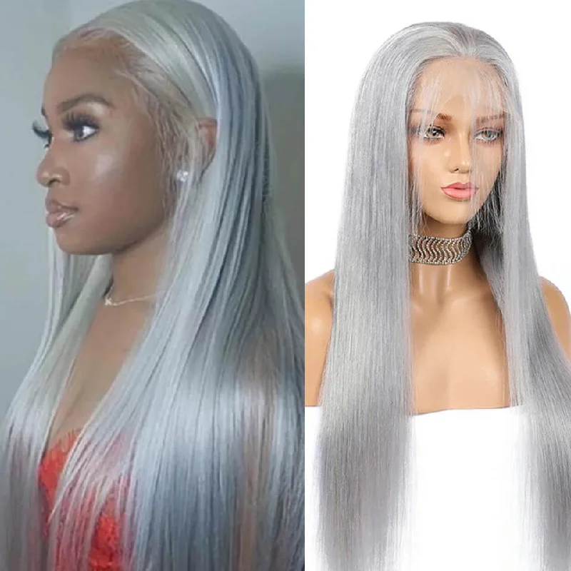 Colored wig with a wispy fringe for a soft and feminine lookDachic Hair 13x4 Colored Lace Front Human Hair Wigs Silver Grey Straight Frontal Wigs