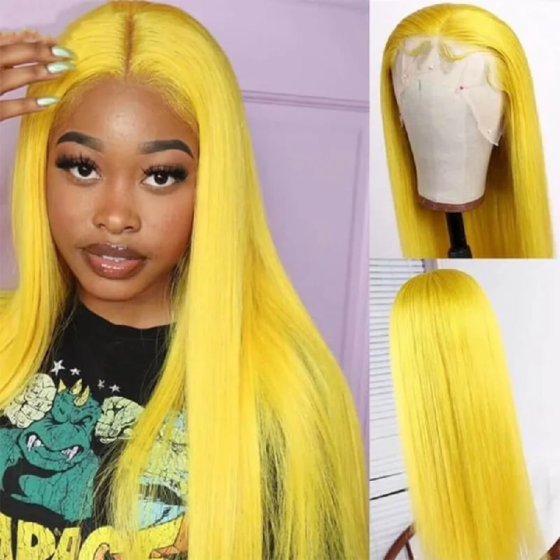 Colored wig with a natural - looking root for a more realistic lookDachic Hair 13x4 Colored HD Lace Front Human Hair Wigs Yellow Straight Frontal Wigs 180%