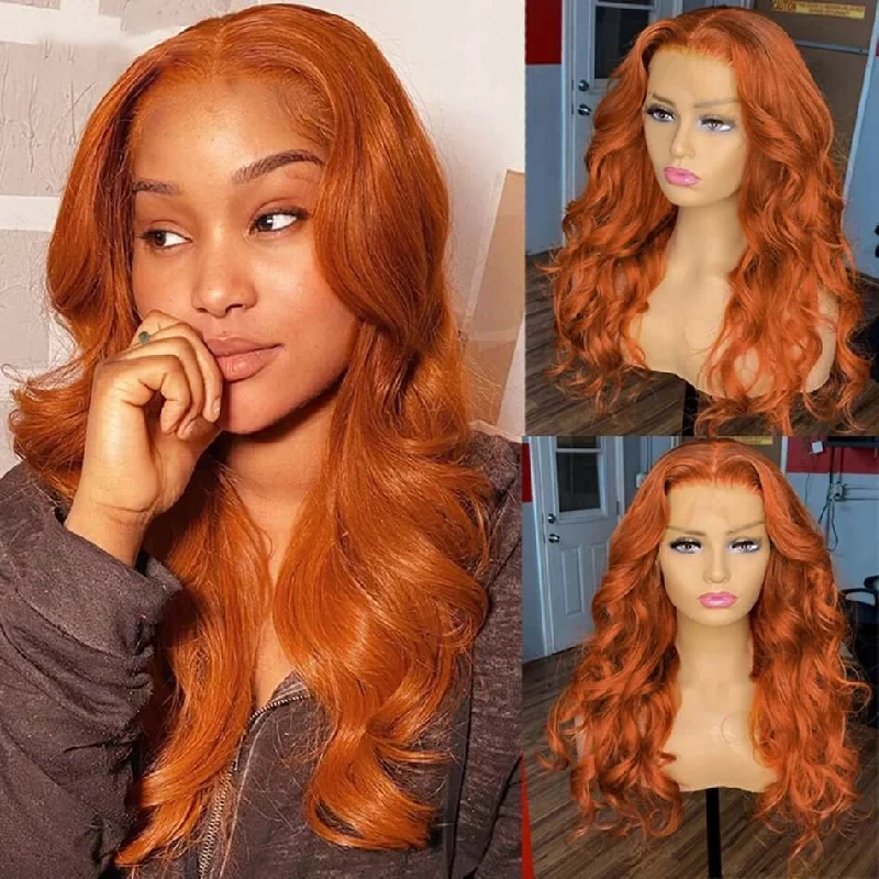 Colored wig with a pre - plucked hairline for a more natural lookDachic Hair Auburn Orange 13x6 Lace Front closure Wigs Body Wave Human Hair