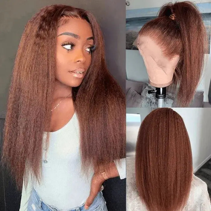 Synthetic colored wig with a heat - resistant formula for easy stylingDachic Hair 33# Auburn Colored Glueless 13x6 5x5 Lace Front Closure Human Hair Wigs Kinky Straight 180%