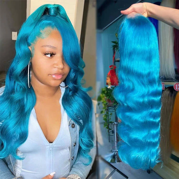 Colored wig with a pre - plucked hairline for a more natural lookDachic Hair Blue Body Wavy HD13X4 Lace Front Wig 180% Density Colored Human Hair Wigs