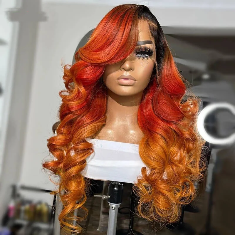 Colored wig with a blue - green ombre effect for a unique and trendy appearanceDachic Hair Red Orange Ombre Colored 13x4 4x4 Lace Frontal Closure Wigs Pre-Plucked HD Lace Peruvian Body Wave Human Hair Wig 180%