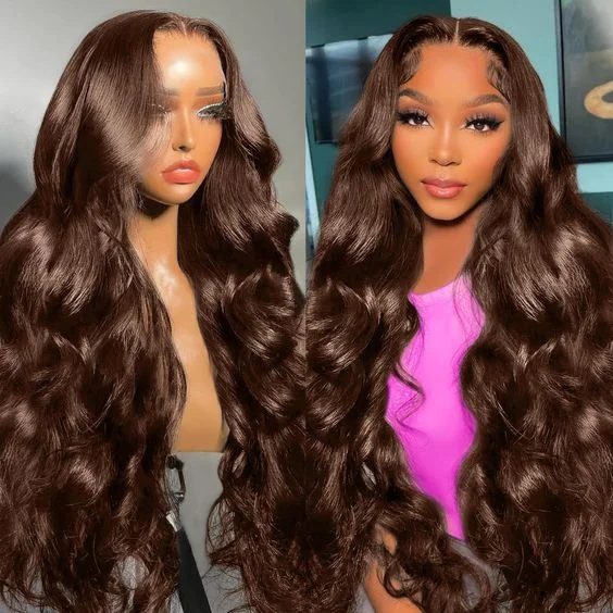 Malaysian - human - hair wig with a smooth and silky textureBrown Lace Front Wigs Body Wave Lace Frontal Wigs 4# Dark Brown Colored Human Hair Wigs