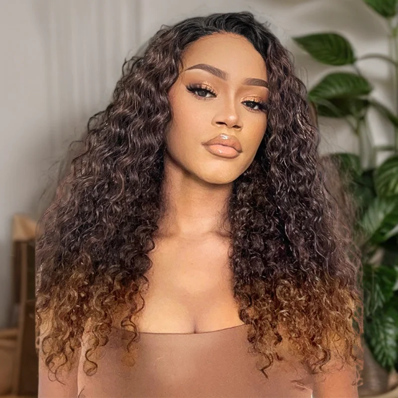 Synthetic colored wig with a heat - resistant formula for easy stylingDark Brown with Chestnut Brown Highlights Water Wave Wig 5x5/13x6 Light Brown Highlights 180% Density Wig