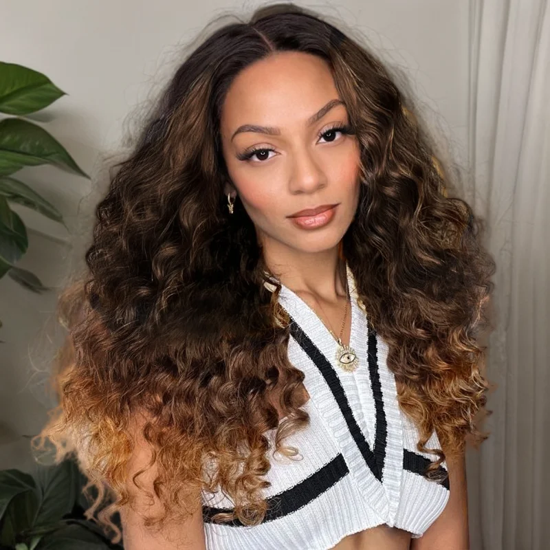 Colored wig with a curly texture for a bold and stylish choiceDark Brown with Chestnut Brown Highlights Loose Deep Wave Wig 5x5/13x6 Light Brown Highlights 180% Density Wig