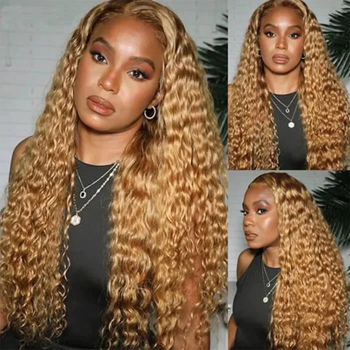 Human - hair wig with a pre - bleached knot for a natural - looking scalpDeep Wave 27 Colored Human Hair Wigs Honey Blonde 13x4 13x6 Transparent Lace Frontal Wigs