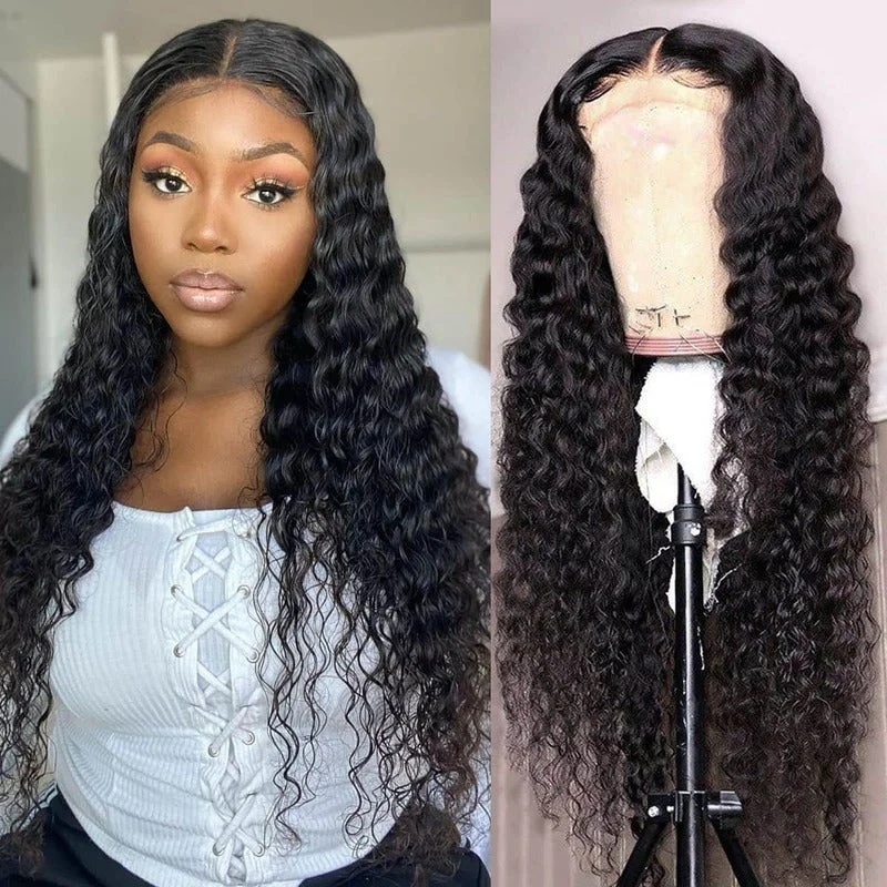 Peruvian - human - hair wig with a soft and manageable feelDeep Wave 4x4 HD Transparent Lace Closure Wig 100% Virgin Human Hair