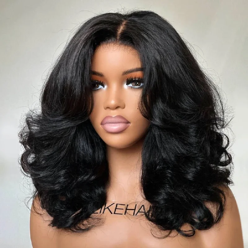 Lace wig with a wavy texture for a beachy lookPut on & Go Designer Layered Curtain Bangs Wavy Lace Closure Wig