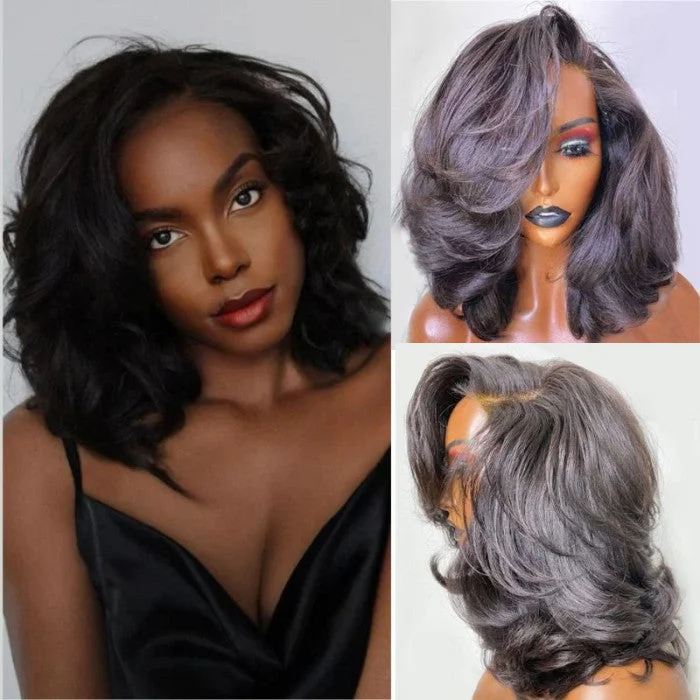 Lace wig with a honey - blonde color for a warm and sunny appearanceDesigner Layered Short Wavy Human Hair 5x5 Lace Closure Wig