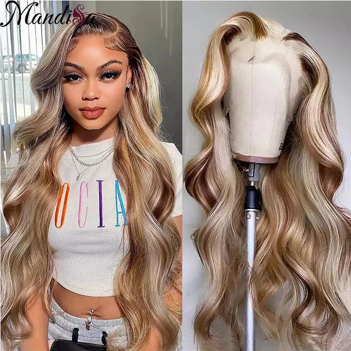 Brazilian - human - hair wig with a full and voluminous lookExclusive Original - Brown Wig With Blonde Highlights P4/613 Straight & Body Wave Lace Front Wigs Human Hair