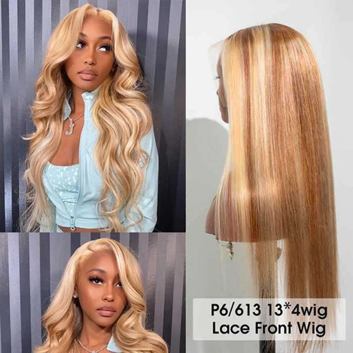 Human - hair wig with a side - swept bang for a sophisticated lookExclusive Original -P6/613 Highlight Wig Transparent Straight & Body Wave Lace Front Wigs