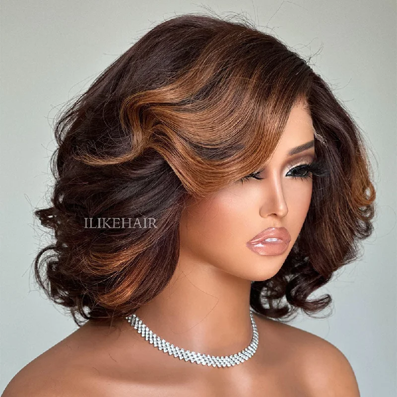 Colored wig with a natural - looking root for a more realistic lookFall Vibe Brown Highlight Short Layered Wavy Lace Closure Wig