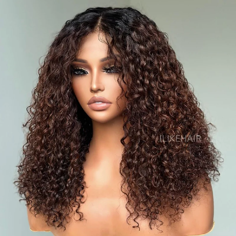 Colored wig with a side - part for a more flattering appearanceFall Vibe Ombre Brown  Glueless Water Wave Lace Closure Wig