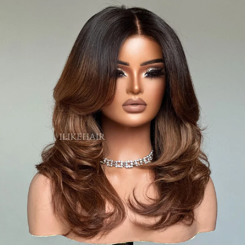 Adjustable - cap colored wig for a comfortable fitFall Vibe Ombre Brown Layered Wavy With Curtain Bangs Lace Closure Wig