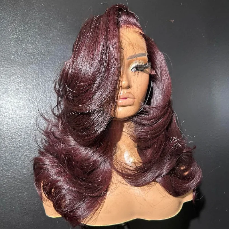 Colored wig with a silk - base cap for a comfortable and smooth feelFall Vibes Burgundy Layered Cut Wavy 13x4 Lace Front Wig