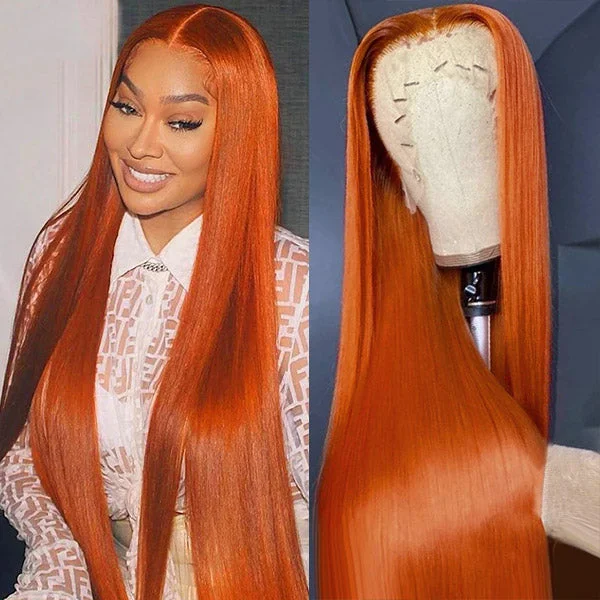 Human - hair wig with a side - part for a more flattering appearancePre Plucked Ginger Lace Front Wigs Straight Human Hair Wigs With Natural Hairline 32 Inch Long Lace Wigs