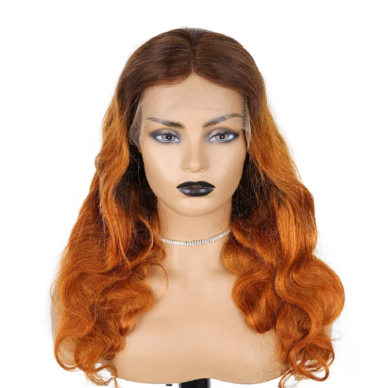 Synthetic colored wig with a heat - resistant formula for easy stylingGinger Hair with Dark Roots Wavy Human Hair Lace Front Wigs With Pre-Plucked Natural Hairline [CXW08]