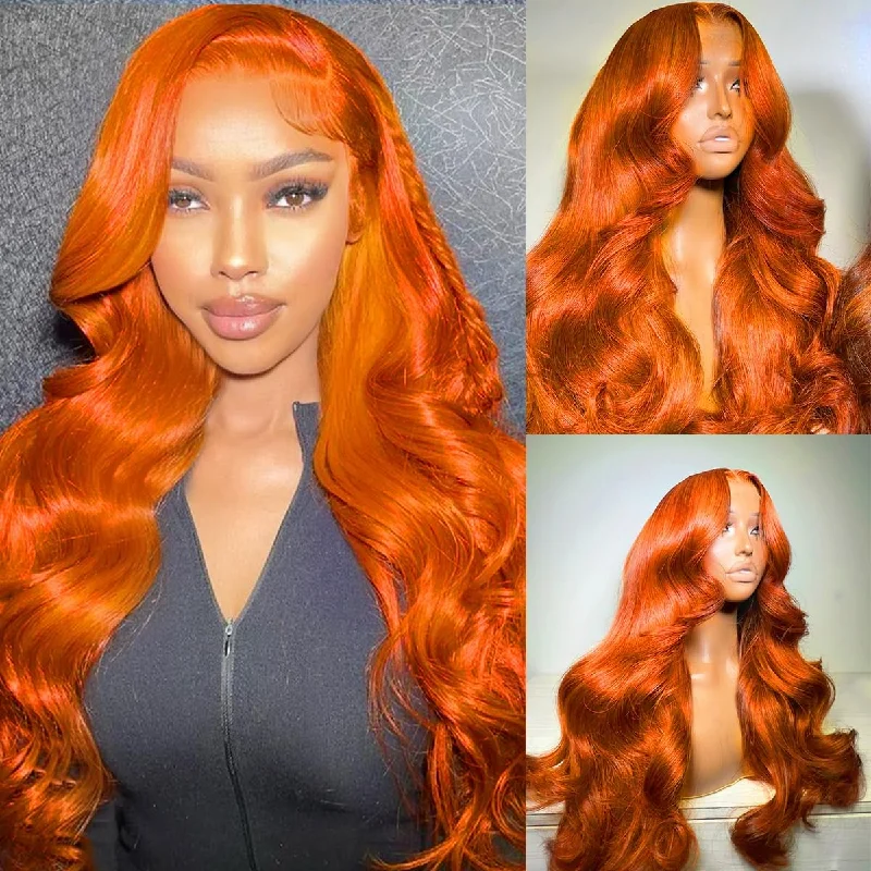 Synthetic colored wig with a heat - resistant formula for easy stylingGinger Orange Lace Front Wigs 13x6 Body Wave Frontal Wigs Human Hair Pre Plucked Transparent Lace Wig