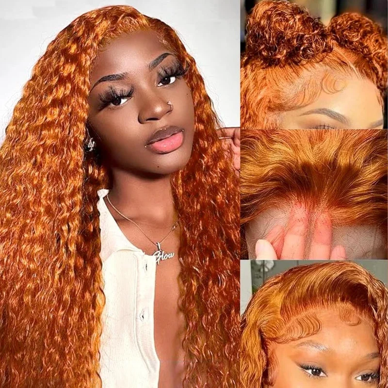 Colored wig with a wispy fringe for a soft and feminine lookGinger Orange 13x6 Colored Water Wave Transparent Lace Front Wigs For Black Women 180% Density