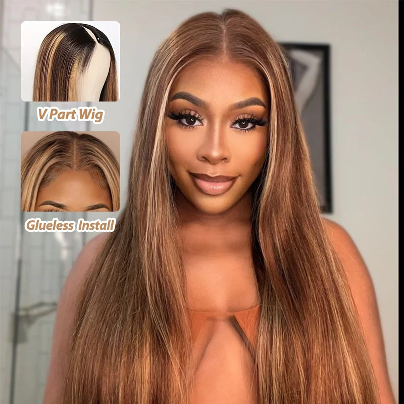 Colored wig with a wavy texture for a beachy and fun lookGlueless 4/27 Highlight V Part Wig Beginner Friendly Upgrade U Part Wig