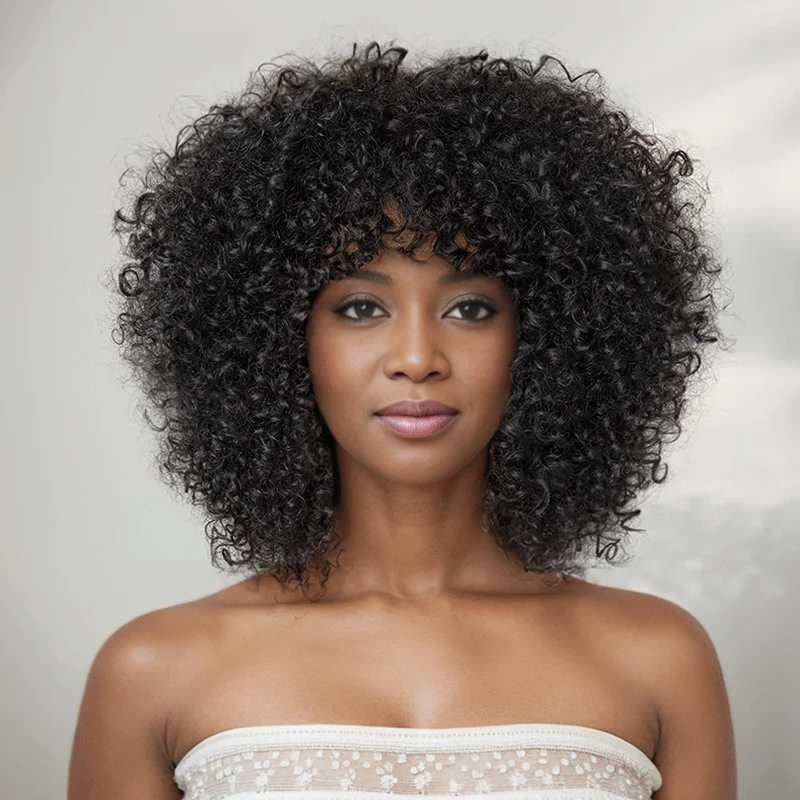 Lace wig with a pre - bleached knot for a natural - looking scalpGlueless Short Curly Afro Bob Wig With Bangs