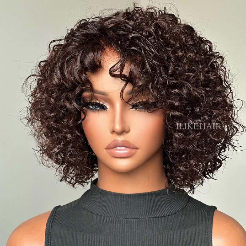 Colored wig with a pre - bleached knot for a natural - looking scalpGlueless Dark Brown Short Curly Bob Lace Closure Wig