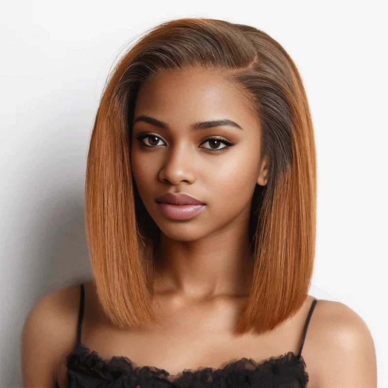 Synthetic lace wig with a heat - resistant formula9x6 Glueless Ginger Ombre Blunt Cut Straight Bob Wig