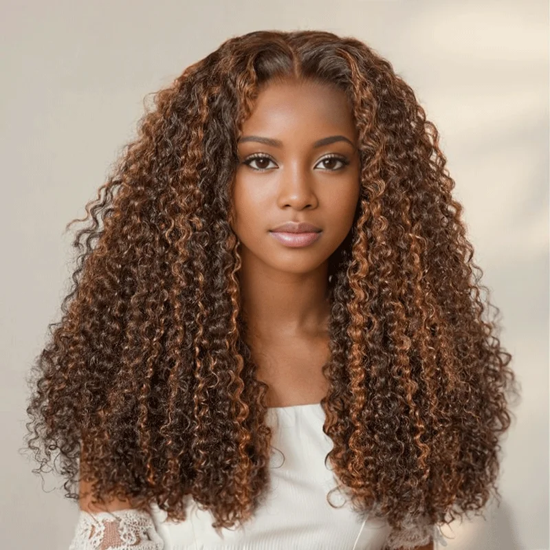 Lace wig with a 200 - density for a full and thick appearance9x6 Glueless Copper Highlight Kinky Curly 250% Density Wig