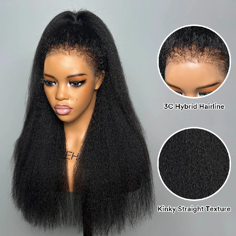 Lace wig with a wispy fringe for a soft and feminine lookGlueless Hybrid Hairline With Kinky Straight 9x4 Lace Ventilated Wig