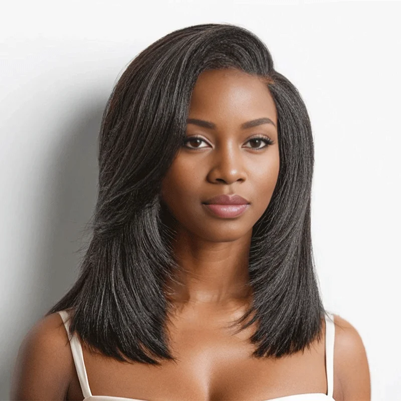 Lace wig with a wavy texture for a beachy look9x6 Glueless Layered Yaki Straight Bob Wig Wear Go For Beginners