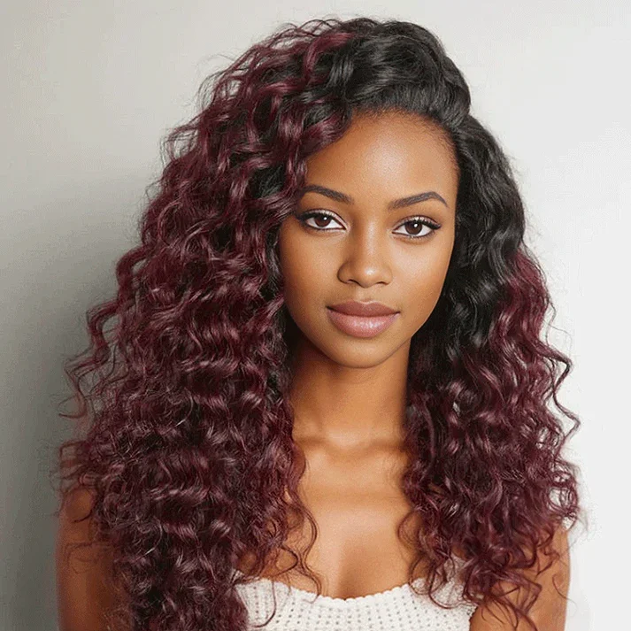 Lace wig with a side - part for a more flattering look13x4 Glueless Pre Plucked Dark Ombre 99J Curly Wig