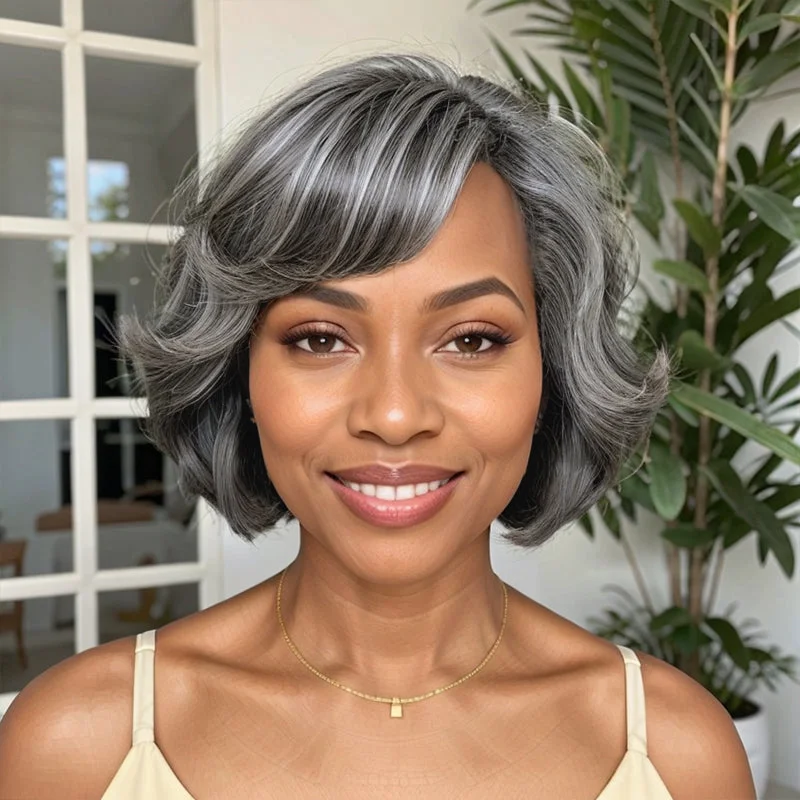 Colored wig with a blue - green ombre effect for a unique and trendy appearanceGlueless Salt And Pepper Loose Wave Bob Wig With Bangs For Black Women